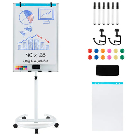 Height-Adjustable Mobile Whiteboard with Round Stand Paper Clips-White - White - Home Office