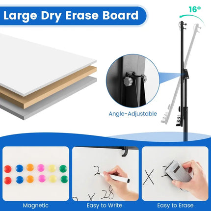 Height-Adjustable Mobile Whiteboard with Round Stand Paper Clips-Black - Black - Home Office