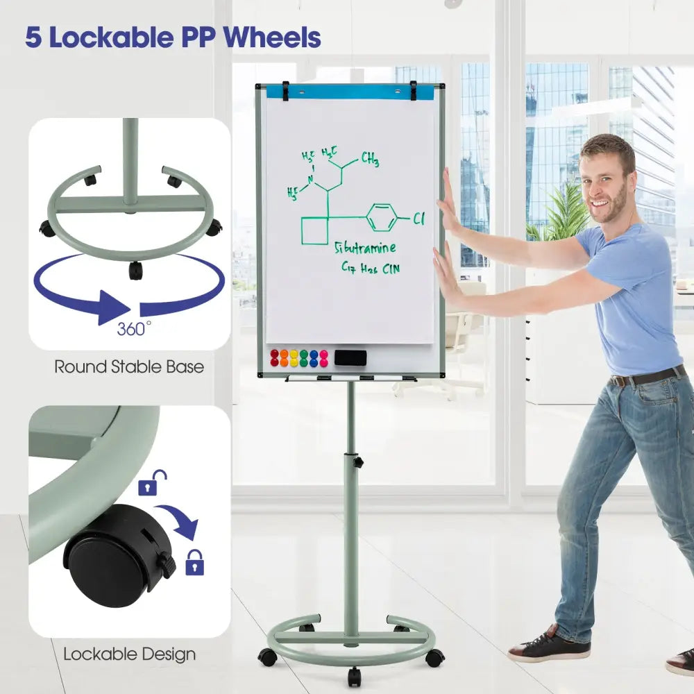 Height-Adjustable Mobile Whiteboard with Round Stand Paper Clips-Green - Green - Home Office