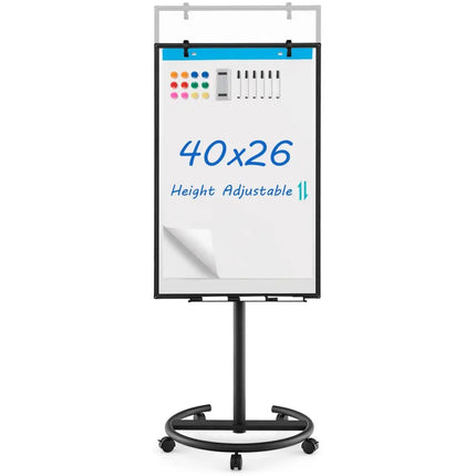 Height-Adjustable Mobile Whiteboard with Round Stand Paper Clips-Black - Black - Home Office