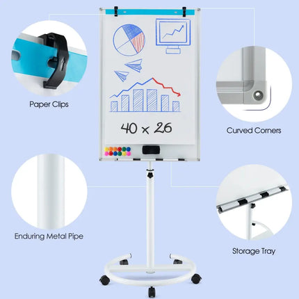 Height-Adjustable Mobile Whiteboard with Round Stand Paper Clips-White - White - Home Office