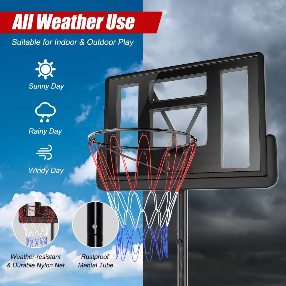 Height Adjustable Portable Shatterproof Backboard Basketball Hoop with 2 Nets - Black - Sport Equipments