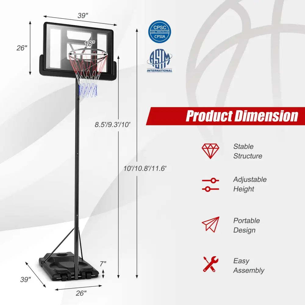 Height Adjustable Portable Shatterproof Backboard Basketball Hoop with 2 Nets - Black - Sport Equipments