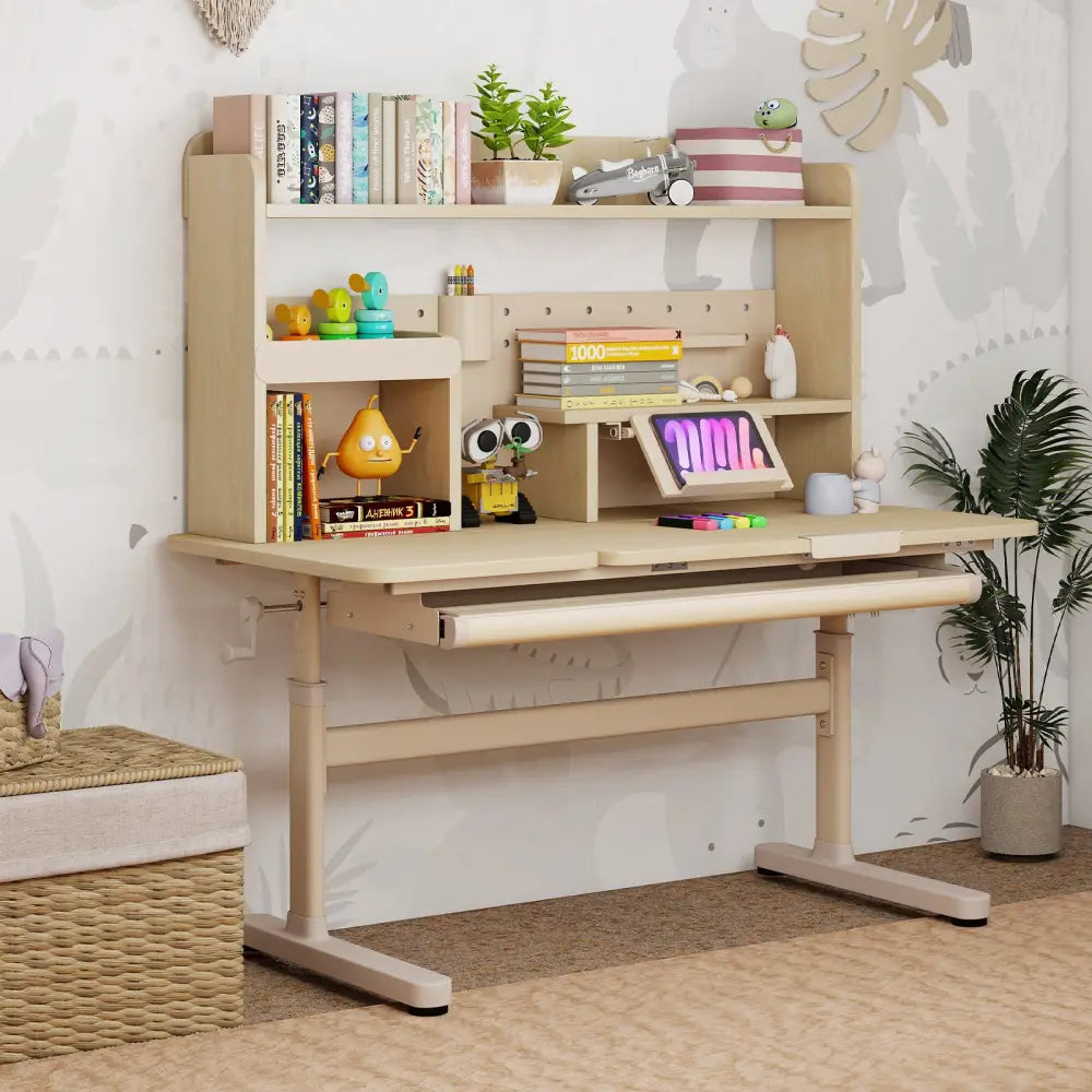 Height Adjustable Writing Table with Tilt Desktop and Retractable Book Stand-Yellow - Yellow - Kids Table & Chair Sets