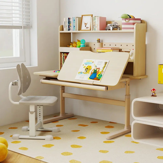 Height Adjustable Writing Table with Tilt Desktop and Retractable Book Stand-Yellow - Yellow - Kids Table & Chair Sets