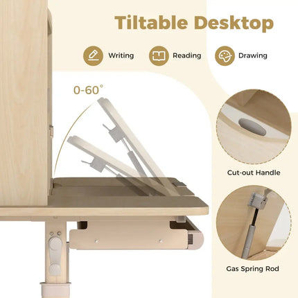 Height Adjustable Writing Table with Tilt Desktop and Retractable Book Stand-Yellow - Yellow - Kids Table & Chair Sets