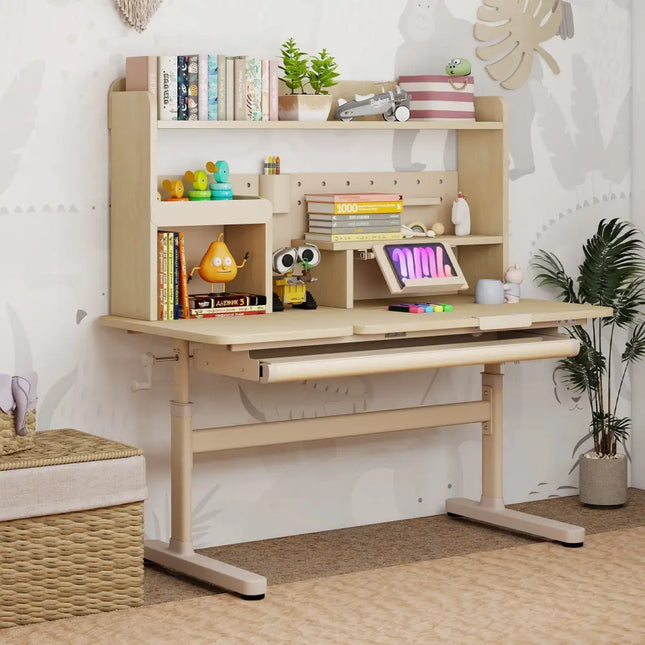 Height Adjustable Writing Table with Tilt Desktop and Retractable Book Stand-Yellow - Yellow - Kids Table & Chair Sets