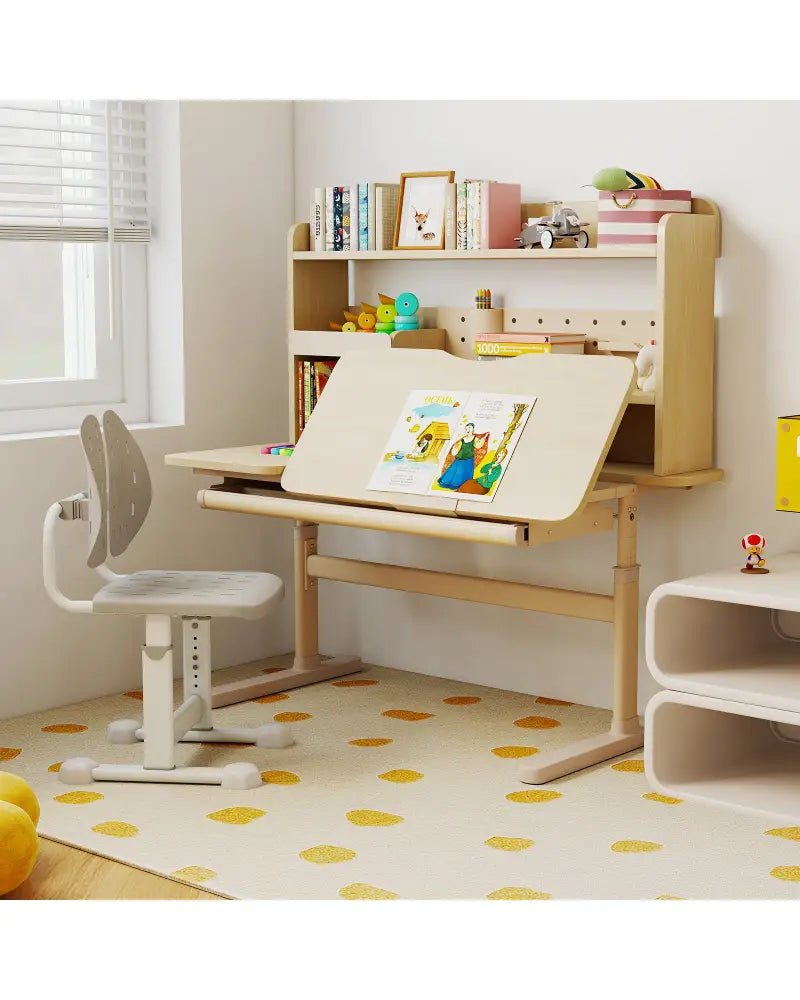 Height Adjustable Writing Table with Tilt Desktop and Retractable Book Stand-Yellow - Yellow - Kids Table & Chair Sets