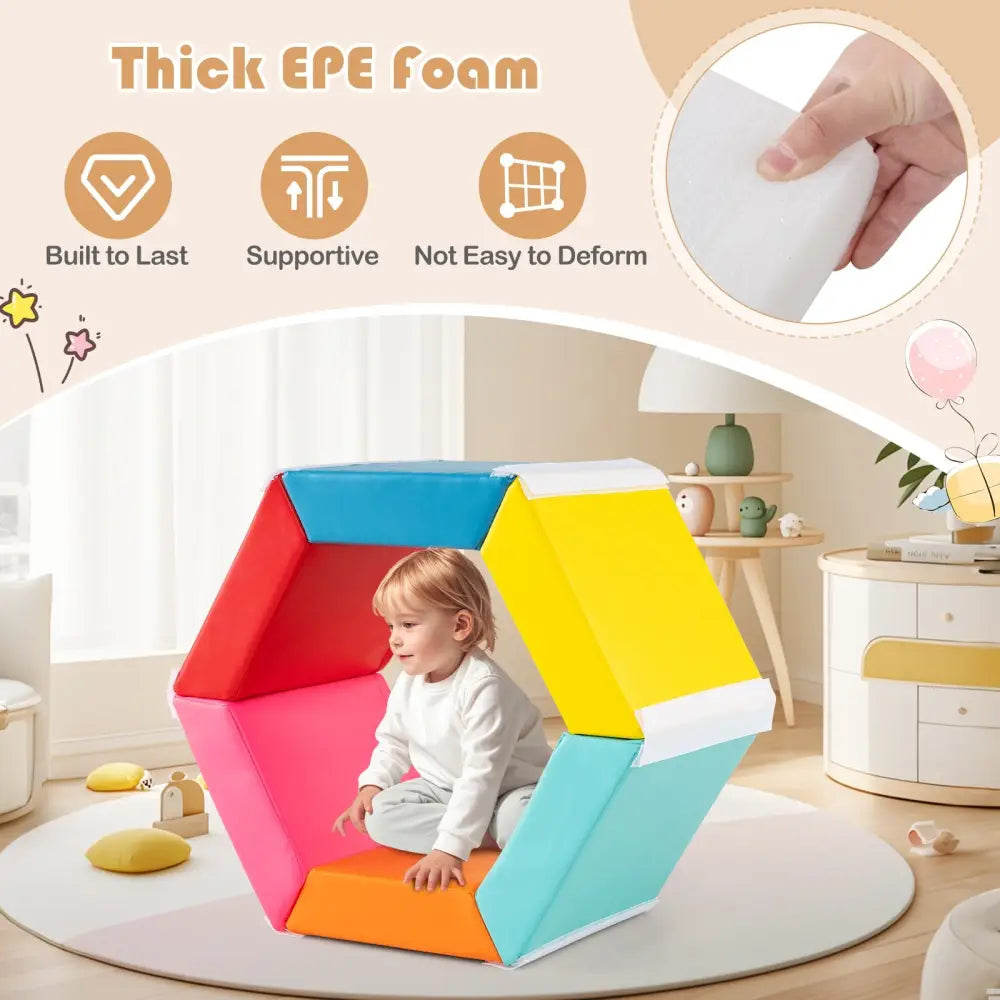 Hexagon Kids Ball Pit Foam Climbing Exercise Mat with Detachable PU Covers-Multicolor - Multicolor - Climbers & Slides