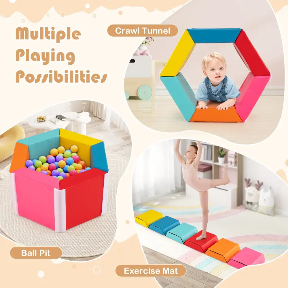 Hexagon Kids Ball Pit Foam Climbing Exercise Mat with Detachable PU Covers-Multicolor - Multicolor - Climbers & Slides