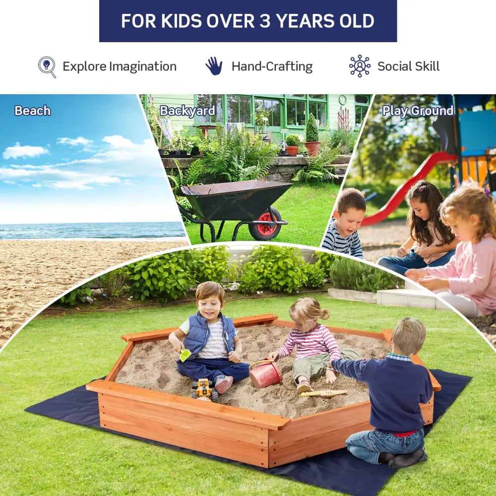 Hexagon Wooden Cedar Sand Box with Seat Boards - Brown - Sandboxes