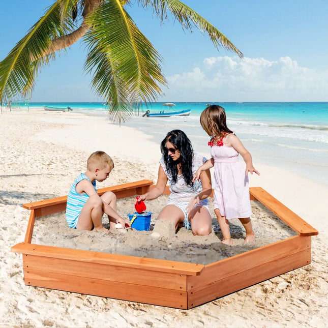 Hexagon Wooden Cedar Sand Box with Seat Boards - Brown - Sandboxes