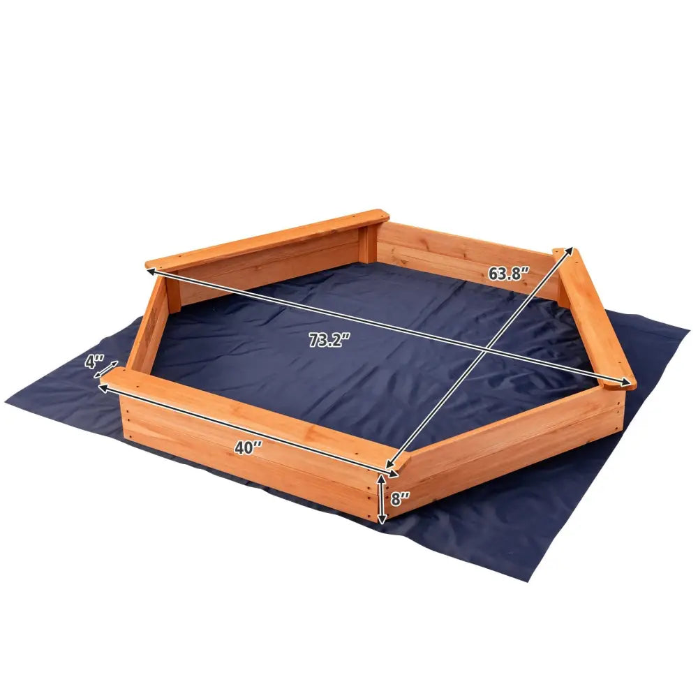 Hexagon Wooden Cedar Sand Box with Seat Boards - Brown - Sandboxes