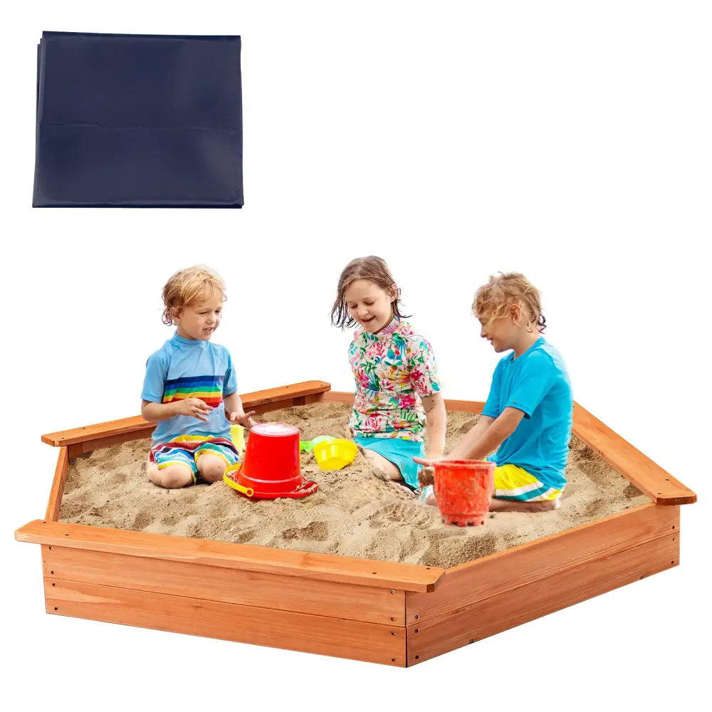 Hexagon Wooden Cedar Sand Box with Seat Boards - Brown - Sandboxes