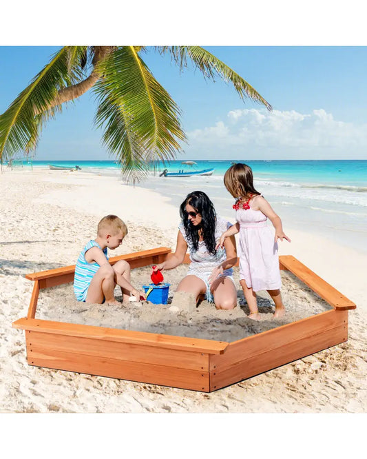 Hexagon Wooden Cedar Sand Box with Seat Boards - Brown - Sandboxes