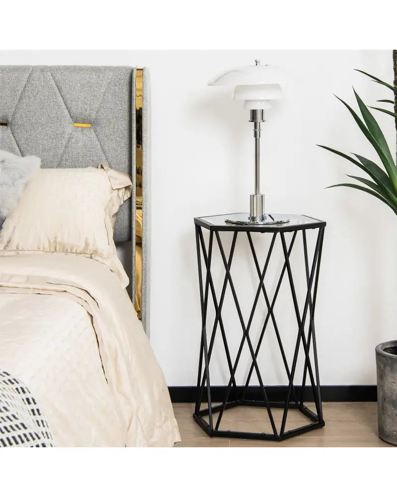 Hexagonal Accent End Table with Tempered Glass Top and Metal Frame - Black - End & Side Tables