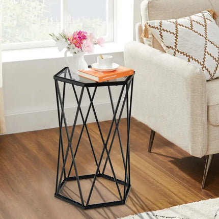 Hexagonal Accent End Table with Tempered Glass Top and Metal Frame - Black - End & Side Tables