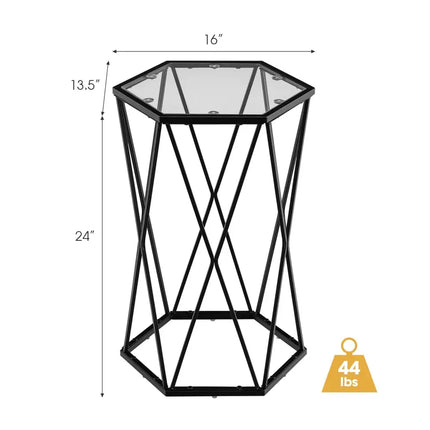 Hexagonal Accent End Table with Tempered Glass Top and Metal Frame - Black - End & Side Tables