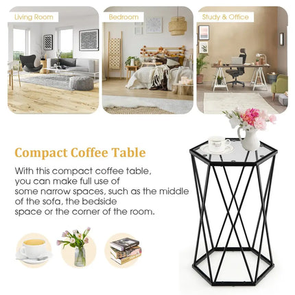Hexagonal Accent End Table with Tempered Glass Top and Metal Frame - Black - End & Side Tables