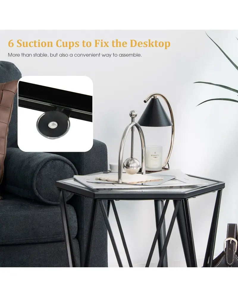 Hexagonal Accent End Table with Tempered Glass Top and Metal Frame - Black - End & Side Tables