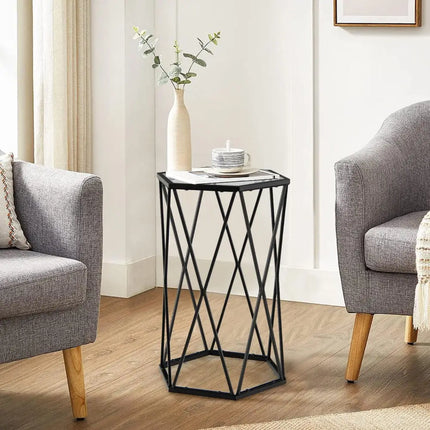 Hexagonal Accent End Table with Tempered Glass Top and Metal Frame - Black - End & Side Tables