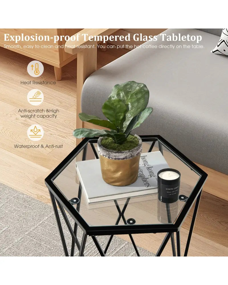 Hexagonal Accent End Table with Tempered Glass Top and Metal Frame - Black - End & Side Tables