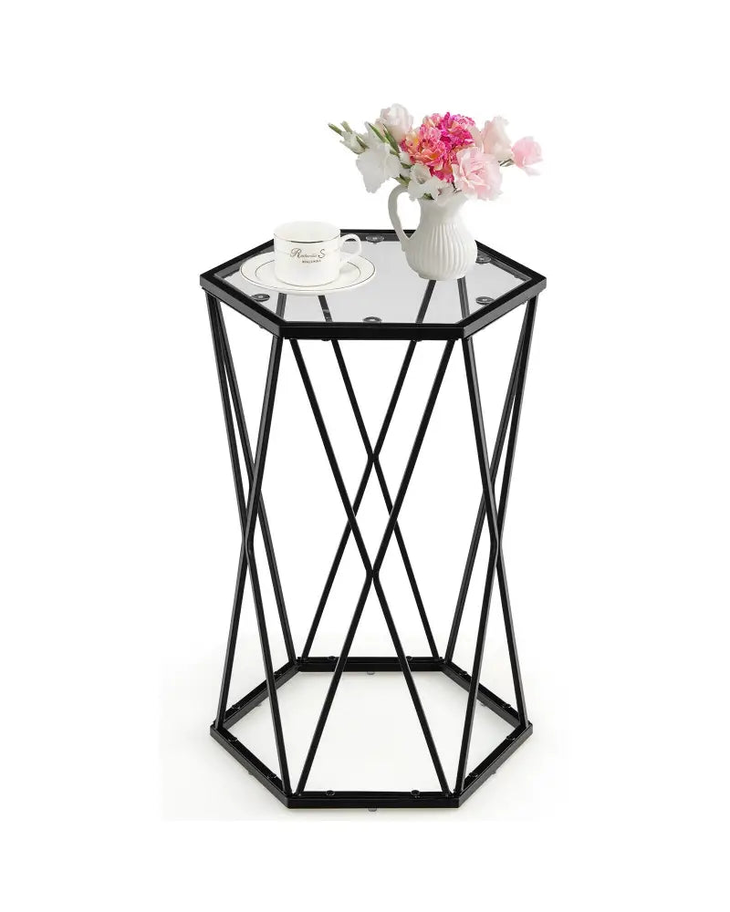 Hexagonal Accent End Table with Tempered Glass Top and Metal Frame - Black - End & Side Tables
