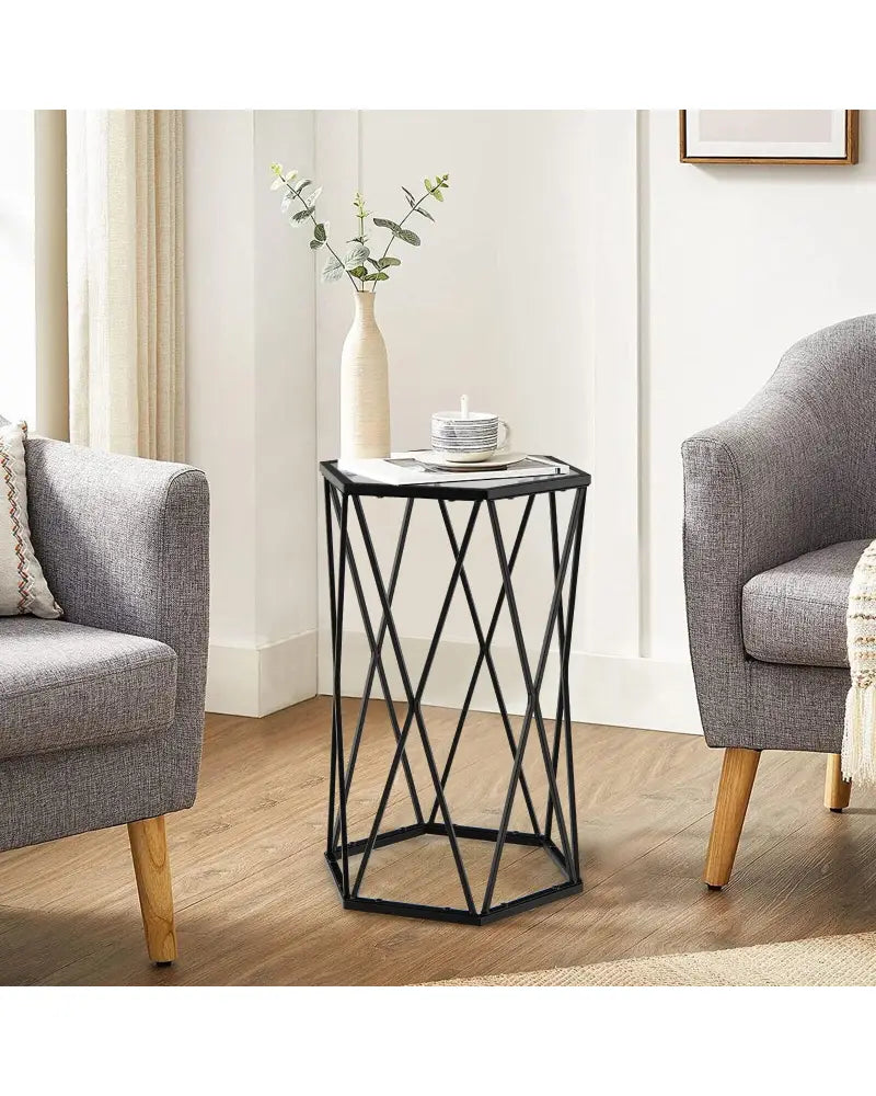 Hexagonal Accent End Table with Tempered Glass Top and Metal Frame - Black - End & Side Tables