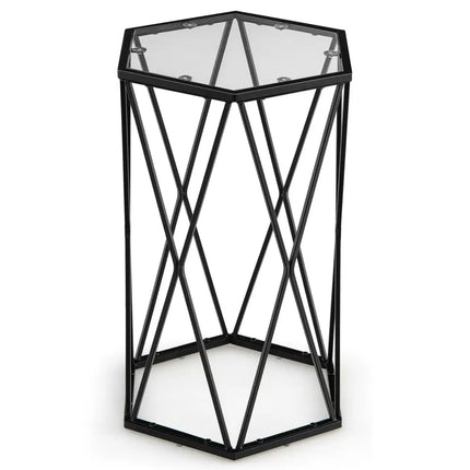 Hexagonal Accent End Table with Tempered Glass Top and Metal Frame - Black - End & Side Tables
