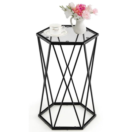 Hexagonal Accent End Table with Tempered Glass Top and Metal Frame - Black - End & Side Tables