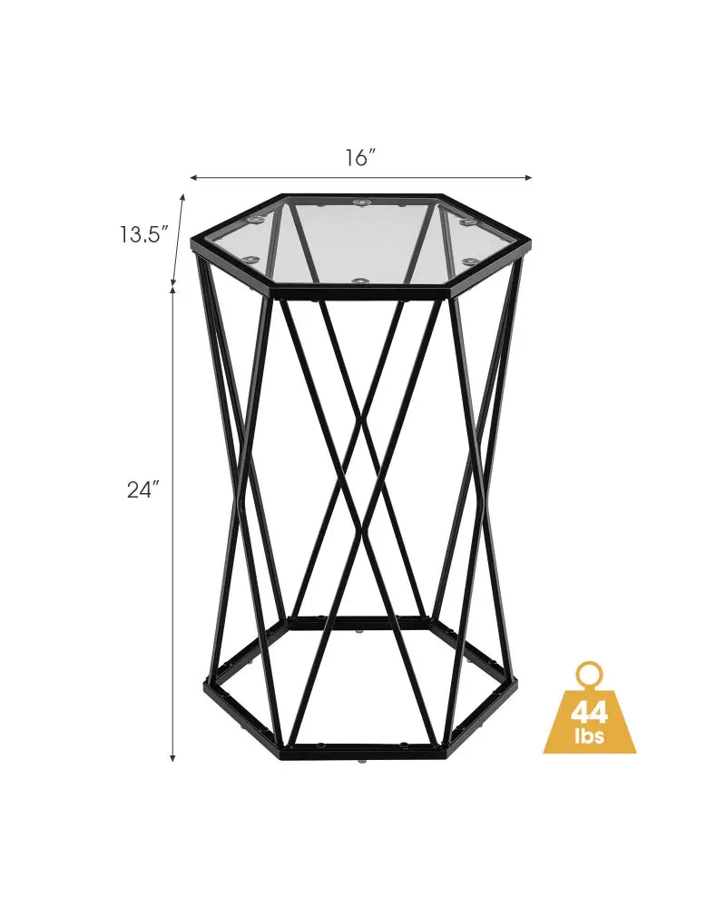 Hexagonal Accent End Table with Tempered Glass Top and Metal Frame - Black - End & Side Tables