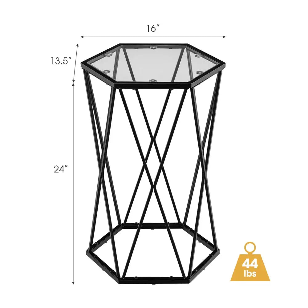 Hexagonal Accent End Table with Tempered Glass Top and Metal Frame - Black - End & Side Tables