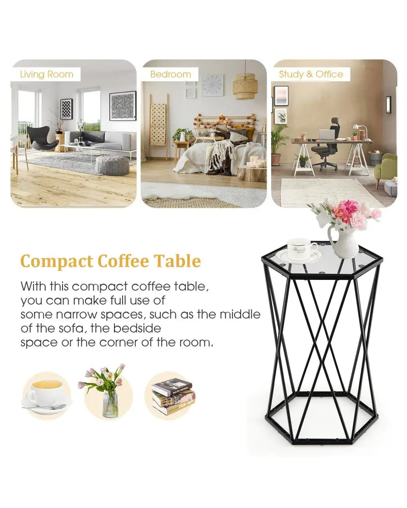 Hexagonal Accent End Table with Tempered Glass Top and Metal Frame - Black - End & Side Tables