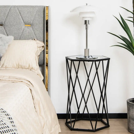 Hexagonal Accent End Table with Tempered Glass Top and Metal Frame - Black - End & Side Tables