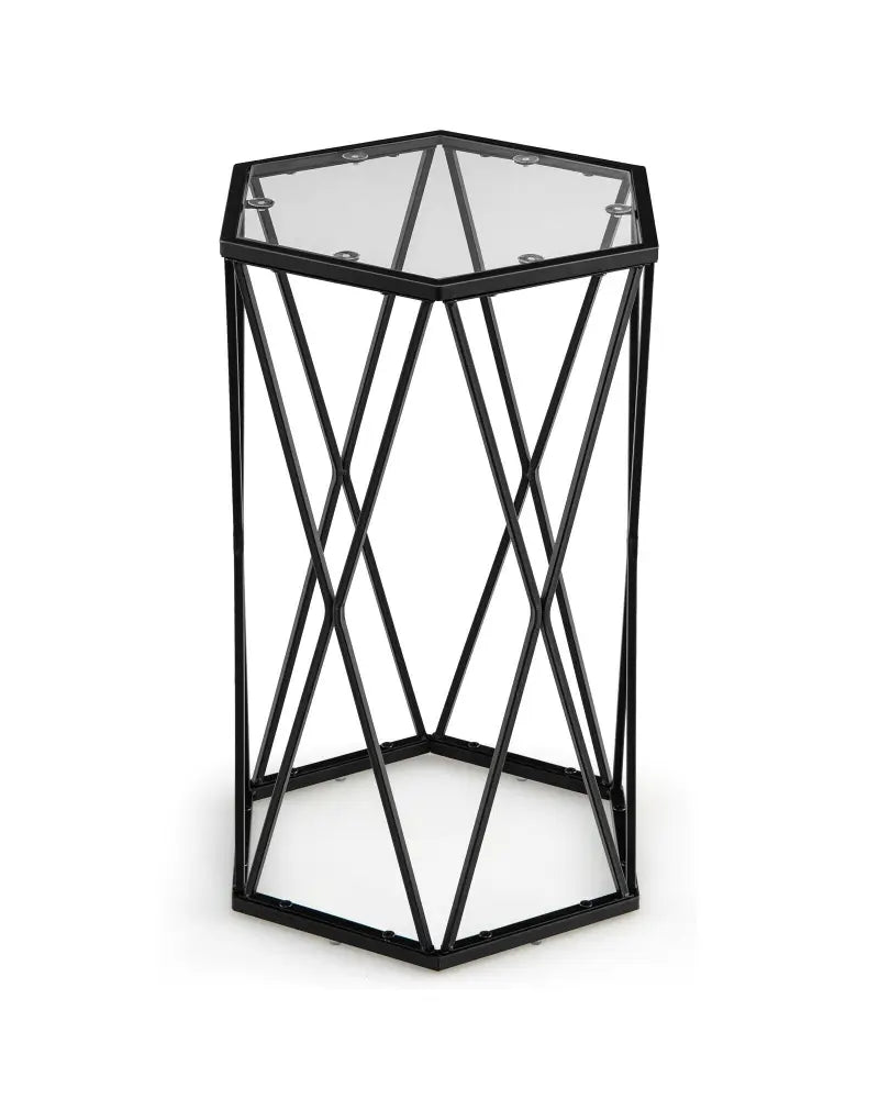 Hexagonal Accent End Table with Tempered Glass Top and Metal Frame - Black - End & Side Tables