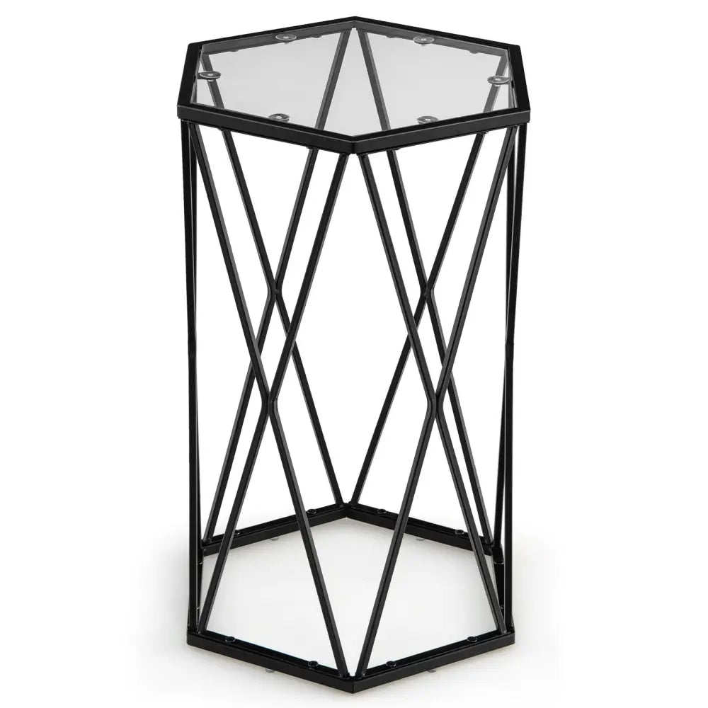 Hexagonal Accent End Table with Tempered Glass Top and Metal Frame - Black - End & Side Tables