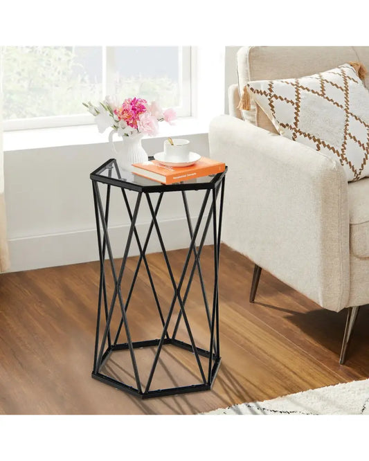 Hexagonal Accent End Table with Tempered Glass Top and Metal Frame - Black - End & Side Tables