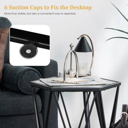 Hexagonal Accent End Table with Tempered Glass Top and Metal Frame - Black - End & Side Tables