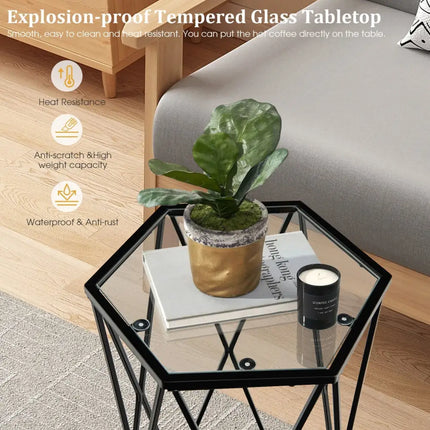 Hexagonal Accent End Table with Tempered Glass Top and Metal Frame - Black - End & Side Tables