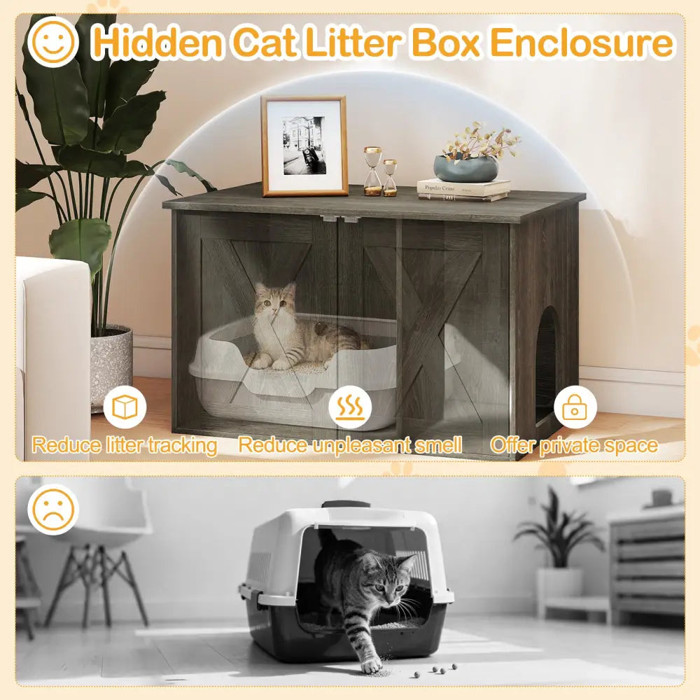 Hidden Cat Litter Box Enclosure Furniture with Divider-Oak - Oak - Cat Houses
