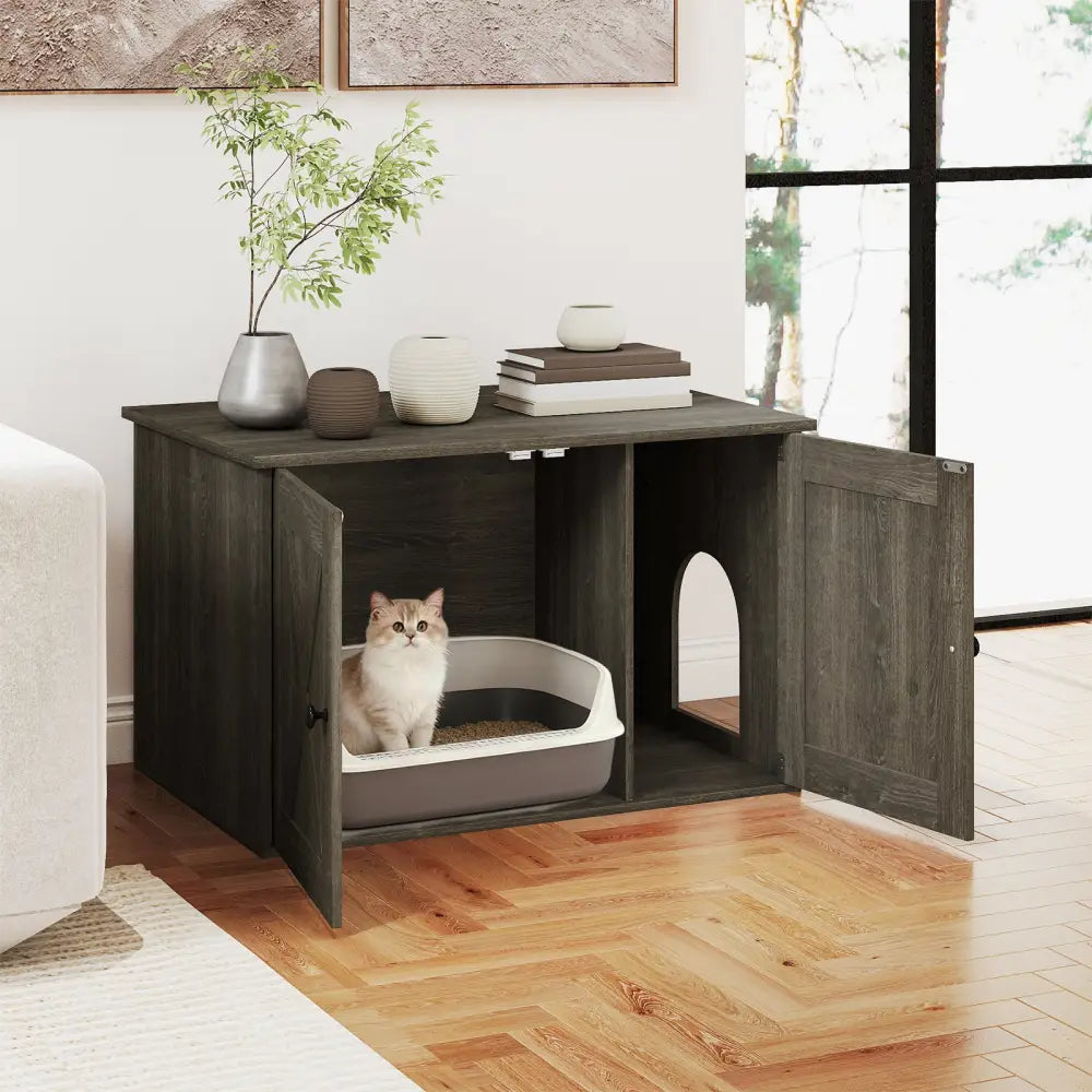 Hidden Cat Litter Box Enclosure Furniture with Divider-Oak - Oak - Cat Houses