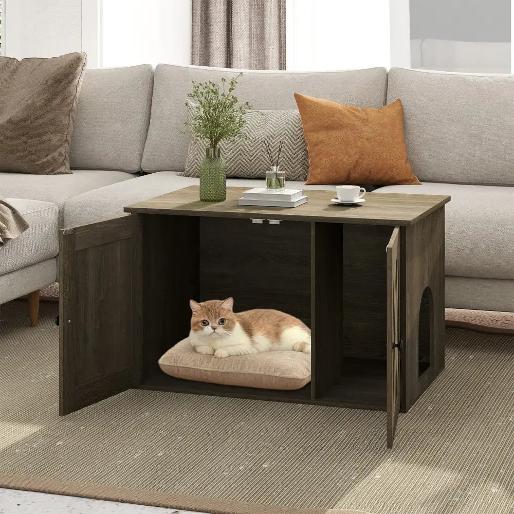 Hidden Cat Litter Box Enclosure Furniture with Divider-Oak - Oak - Cat Houses