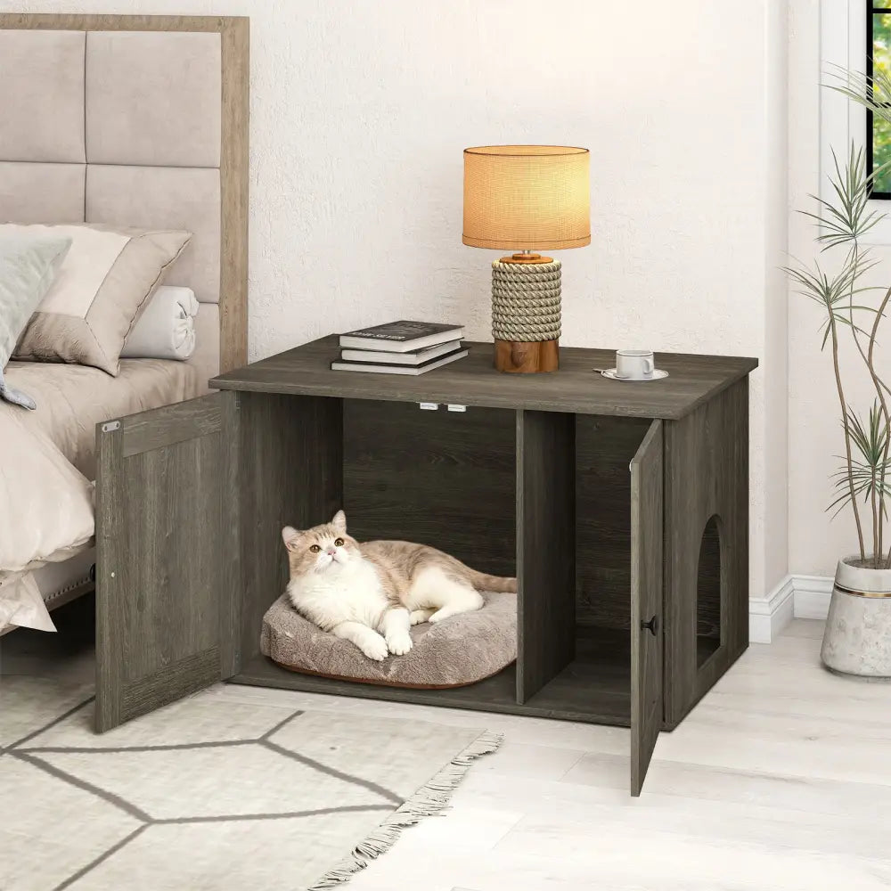 Hidden Cat Litter Box Enclosure Furniture with Divider-Oak - Oak - Cat Houses
