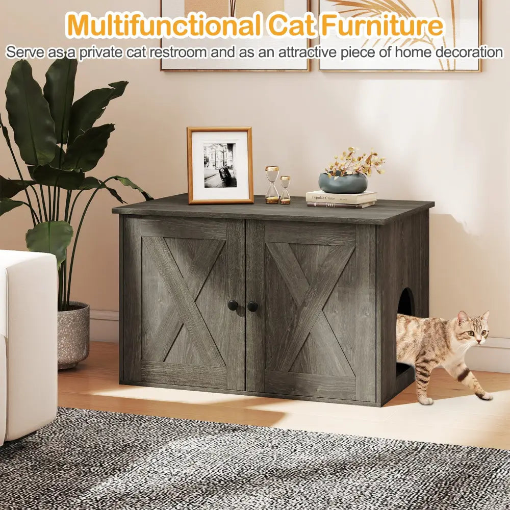 Hidden Cat Litter Box Enclosure Furniture with Divider-Oak - Oak - Cat Houses