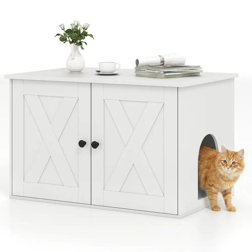 Hidden Cat Litter Box Enclosure Furniture with Divider-White - White - Cat Houses