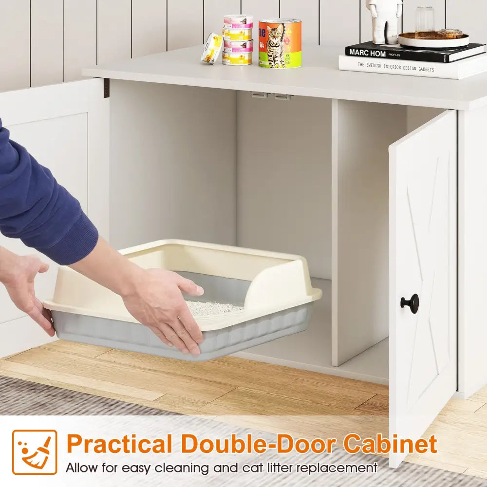 Hidden Cat Litter Box Enclosure Furniture with Divider-White - White - Cat Houses