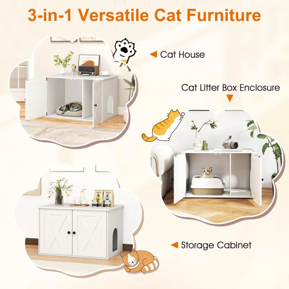 Hidden Cat Litter Box Enclosure Furniture with Divider-White - White - Cat Houses