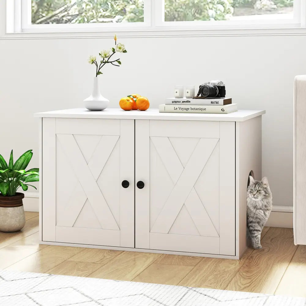 Hidden Cat Litter Box Enclosure Furniture with Divider-White - White - Cat Houses