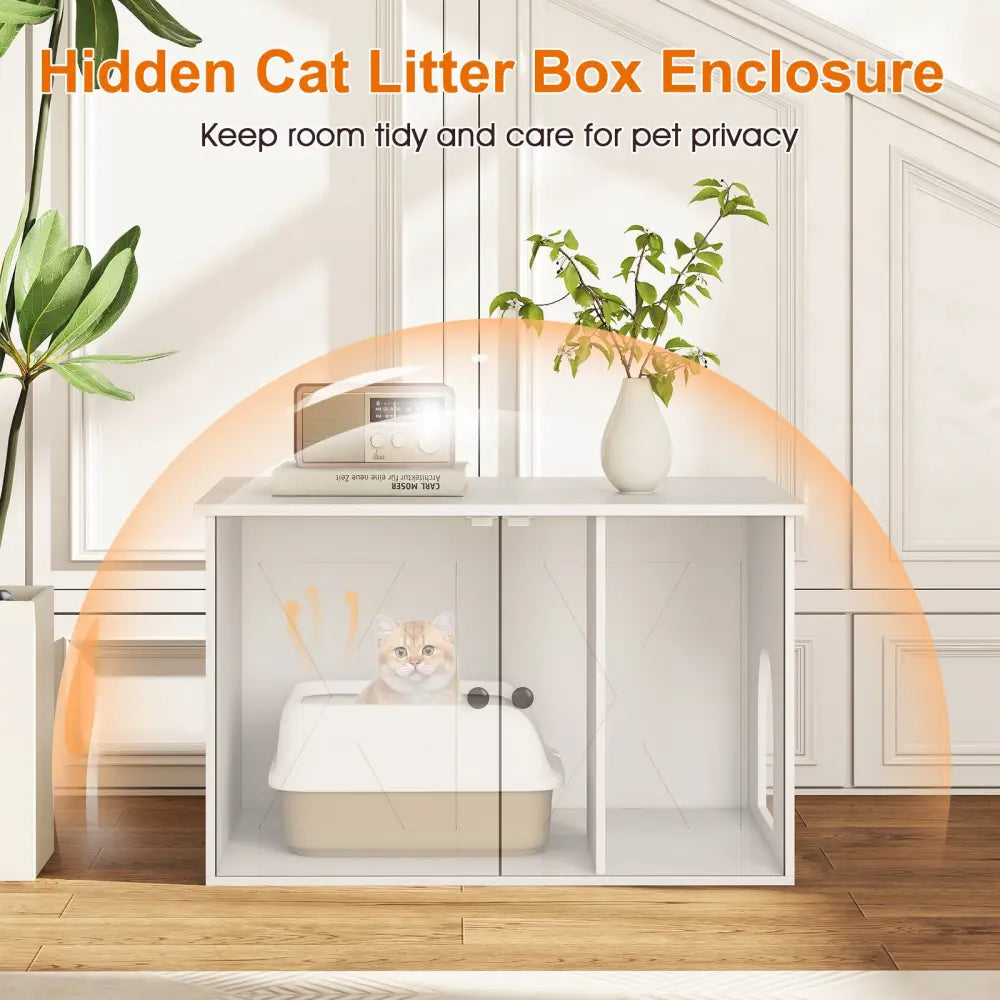 Hidden Cat Litter Box Enclosure Furniture with Divider-White - White - Cat Houses