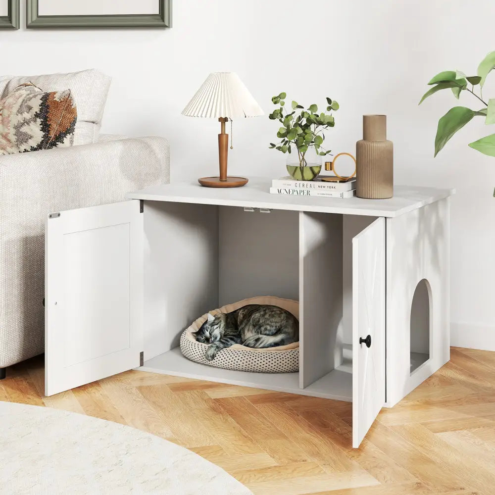 Hidden Cat Litter Box Enclosure Furniture with Divider-White - White - Cat Houses